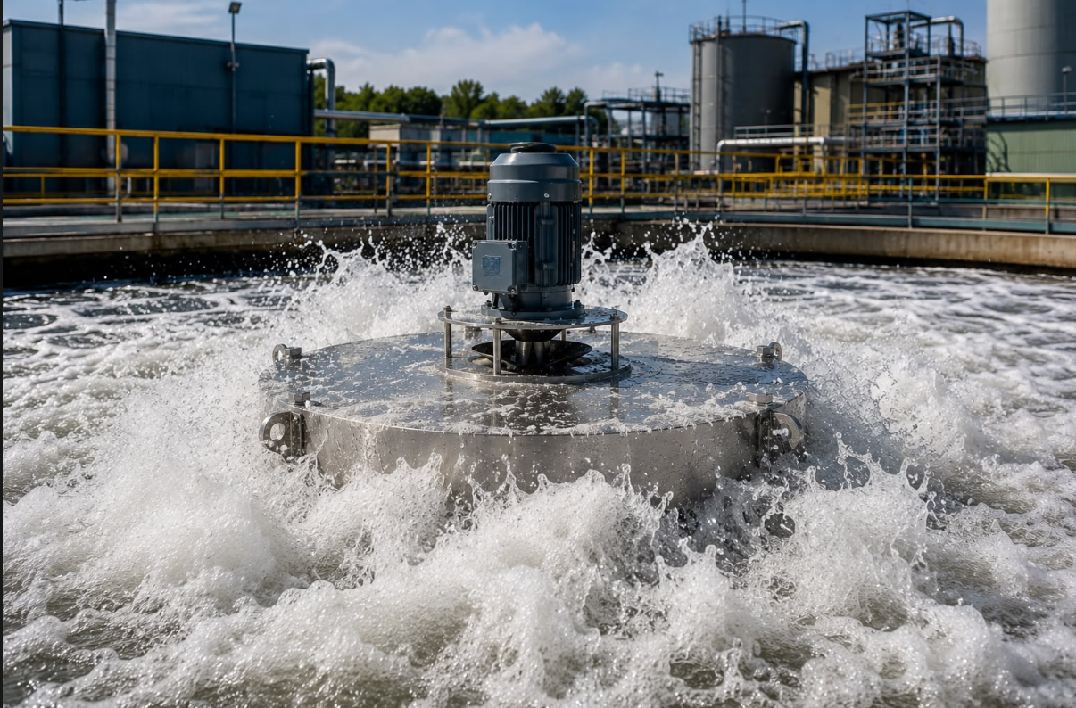 Laguna de tratamiento con aireadores en operación