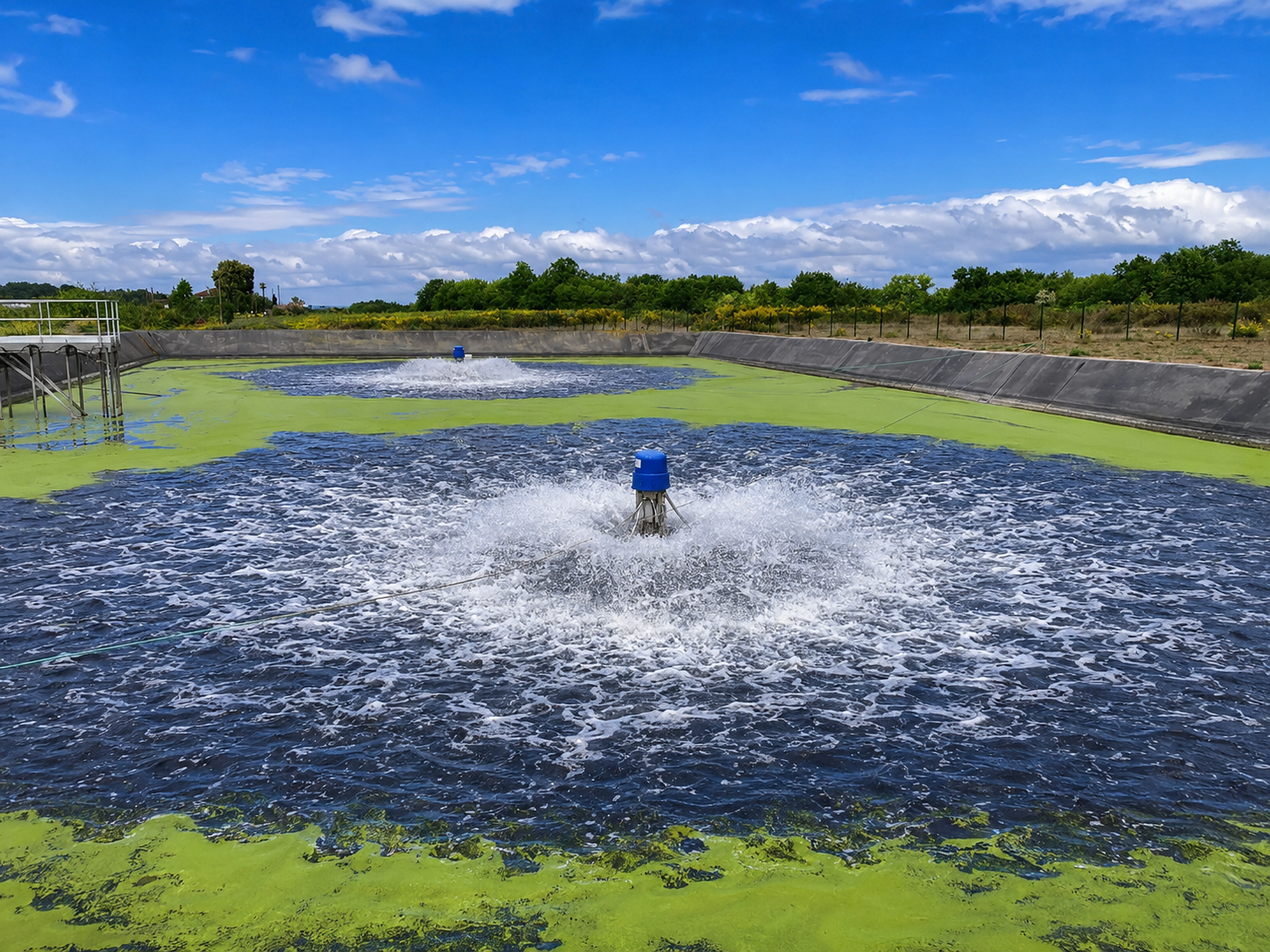 Laguna de tratamiento con aireadores en operación